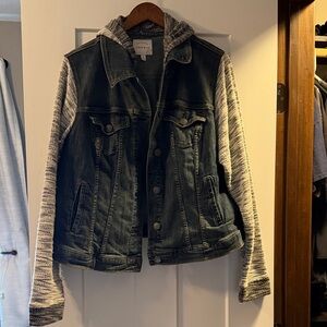 torrid Dark Charcoal Denim Jacket with Heather Gray Knit Hood & Sleeves